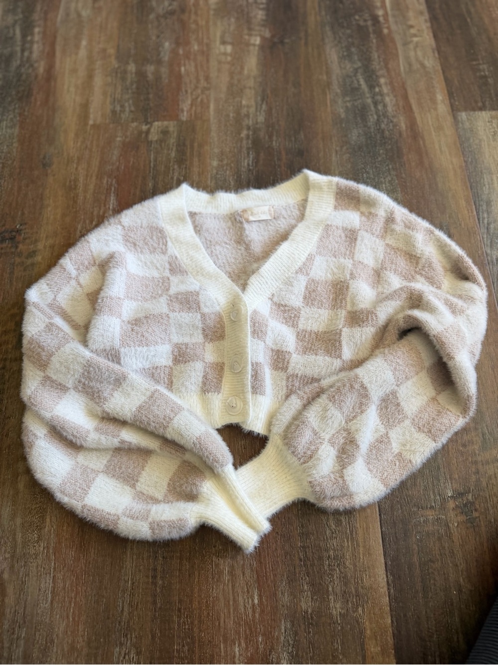 Altar'd State Cropped Checkered Cardigan - Cream & Taupe
